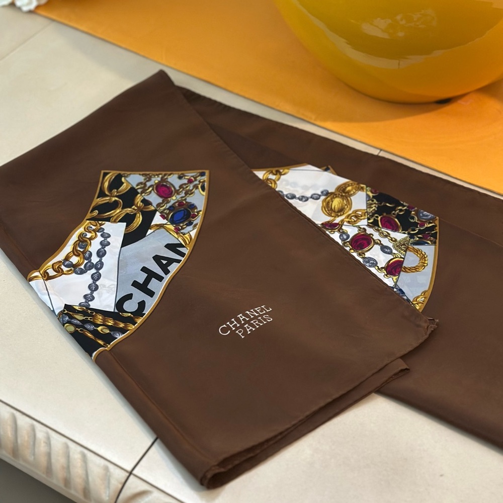 CHANEL Multicolor Brown Silk Scarf with Jewel Accents, Iconic CC Logo - Picture 2 of 4